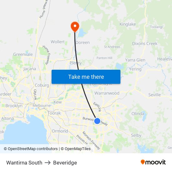 Wantirna South to Beveridge map