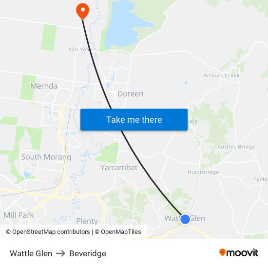 Wattle Glen to Beveridge map