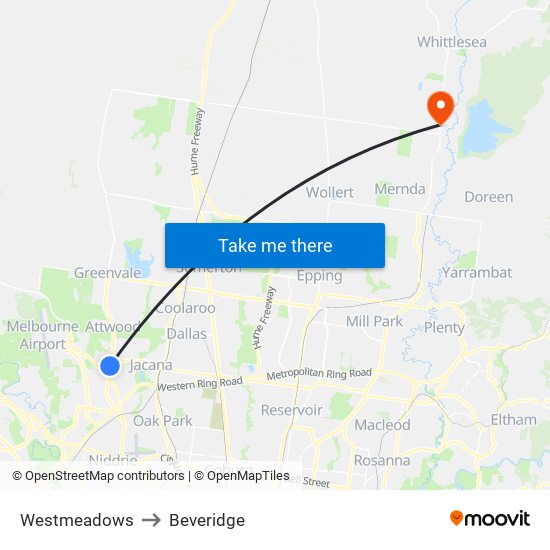 Westmeadows to Beveridge map