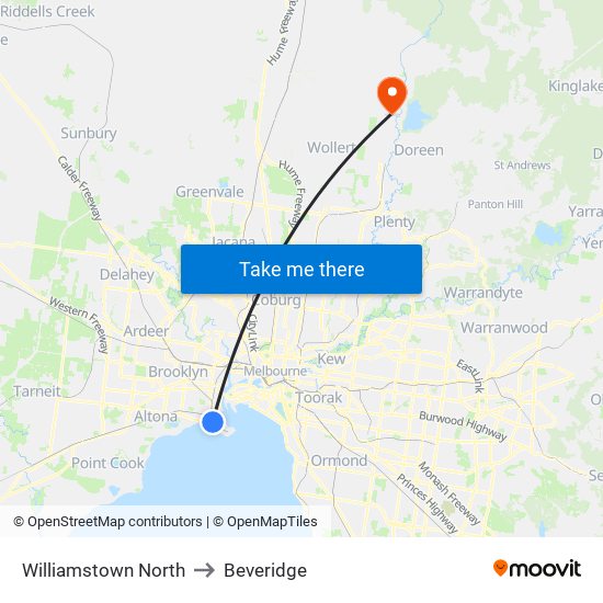 Williamstown North to Beveridge map