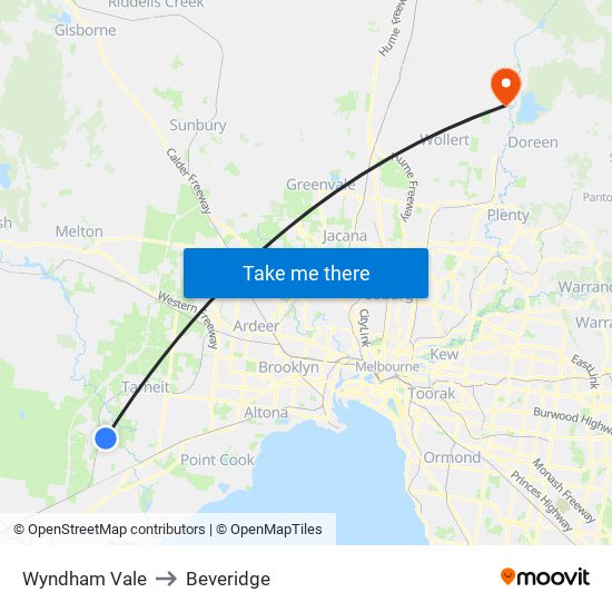 Wyndham Vale to Beveridge map