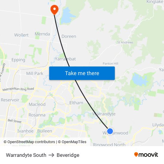 Warrandyte South to Beveridge map