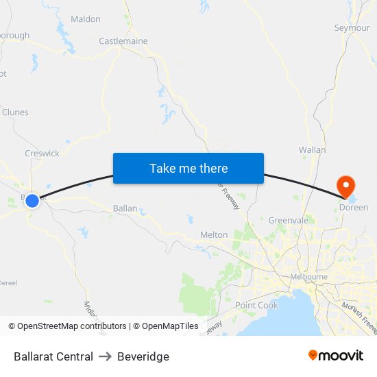 Ballarat Central to Beveridge map