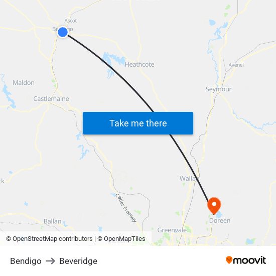 Bendigo to Beveridge map