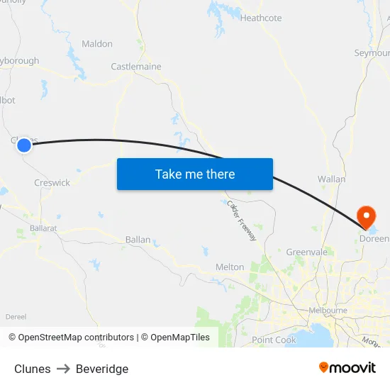 Clunes to Beveridge map