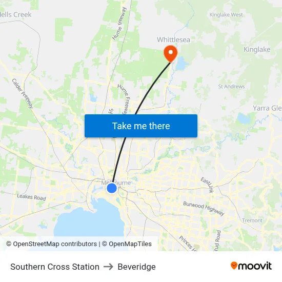 Southern Cross Station to Beveridge map