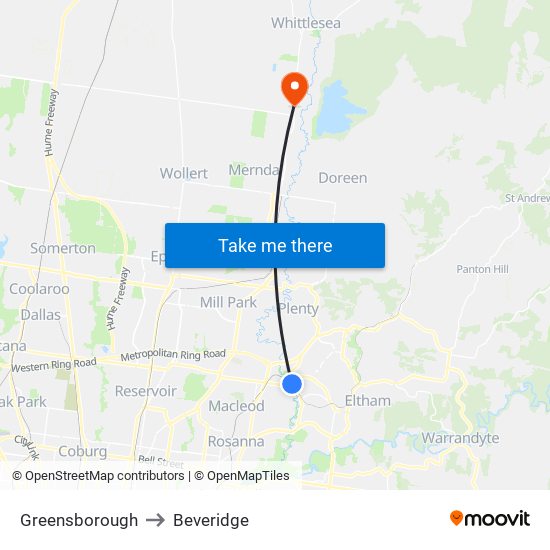 Greensborough to Beveridge map