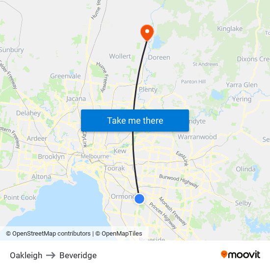 Oakleigh to Beveridge map