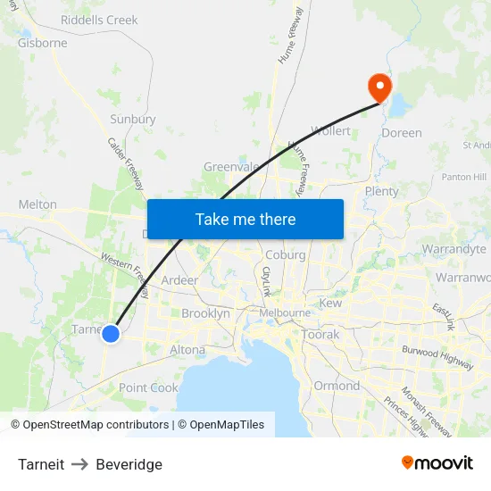 Tarneit to Beveridge map