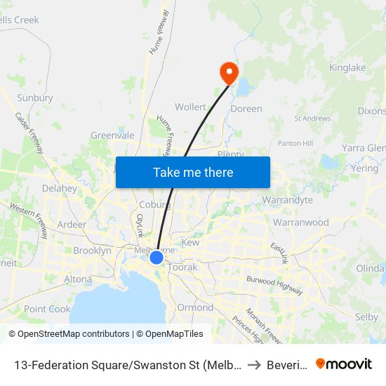 13-Federation Square/Swanston St (Melbourne City) to Beveridge map