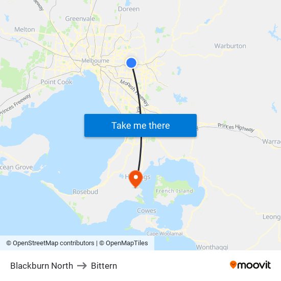 Blackburn North to Bittern map