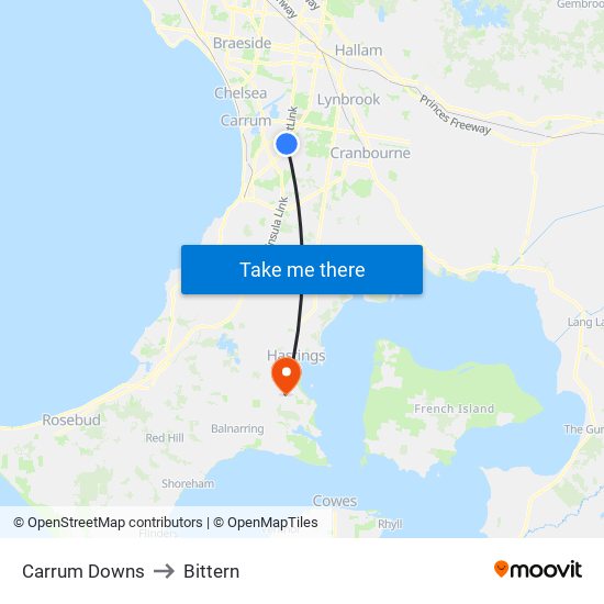 Carrum Downs to Bittern map