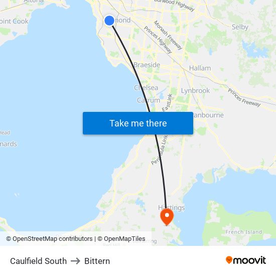 Caulfield South to Bittern map
