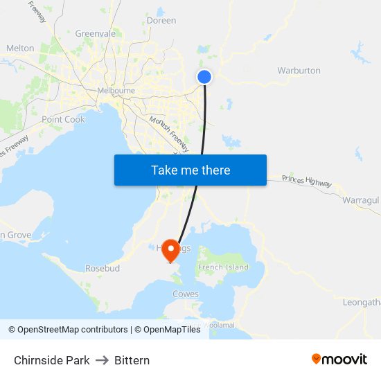 Chirnside Park to Bittern map