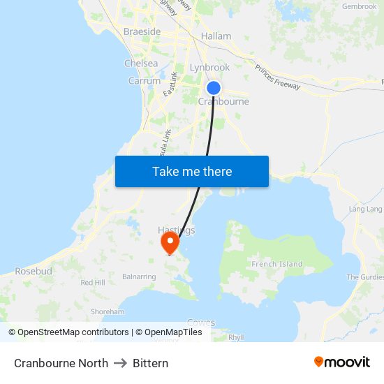 Cranbourne North to Bittern map