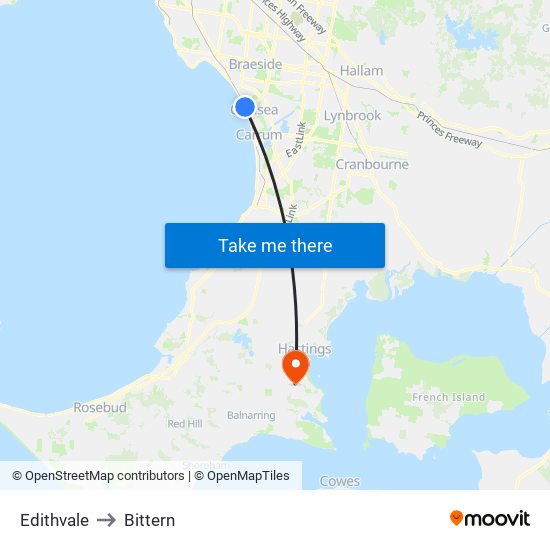 Edithvale to Bittern map