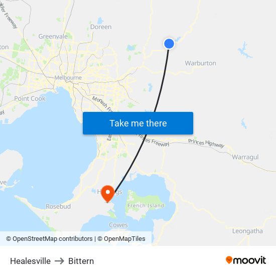 Healesville to Bittern map