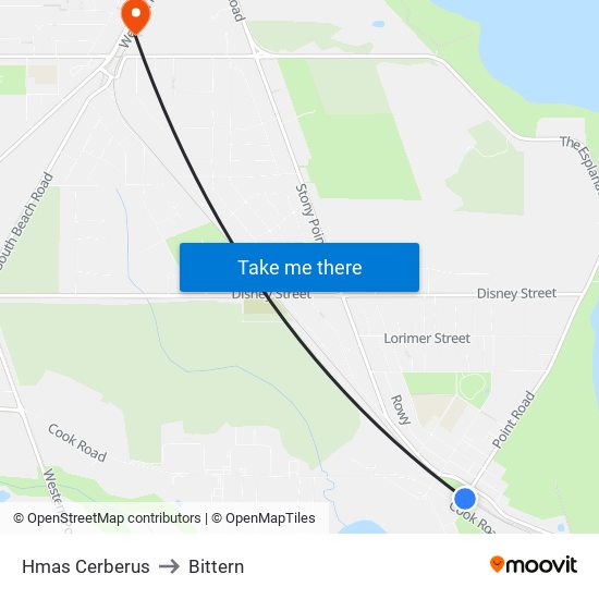 Hmas Cerberus to Bittern map