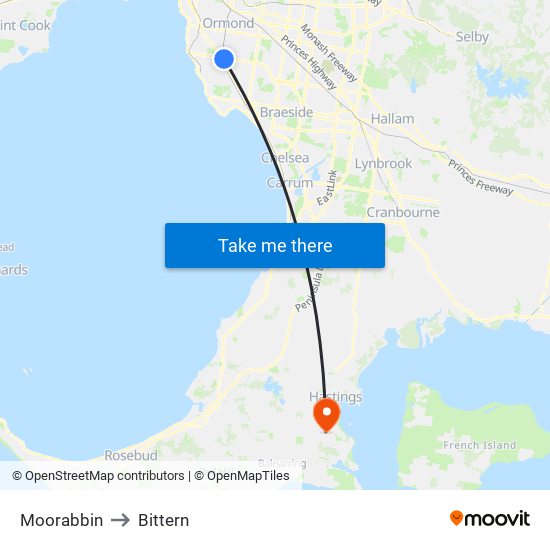 Moorabbin to Bittern map