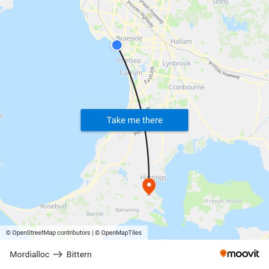 Mordialloc to Bittern map