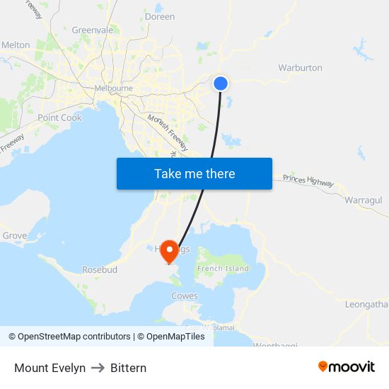 Mount Evelyn to Bittern map