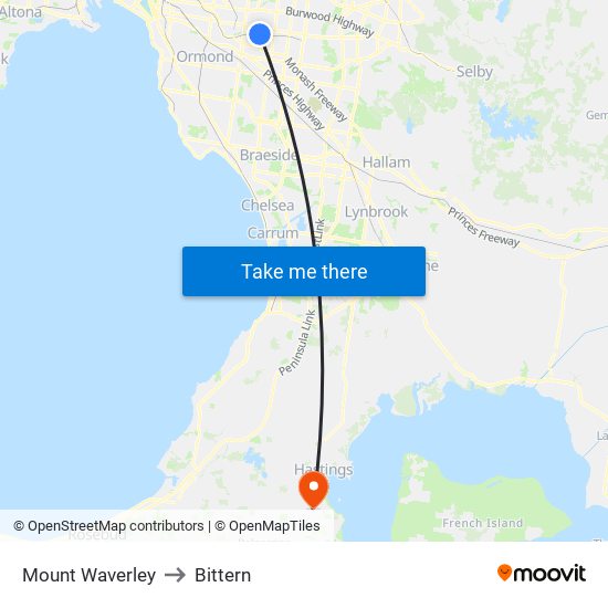 Mount Waverley to Bittern map