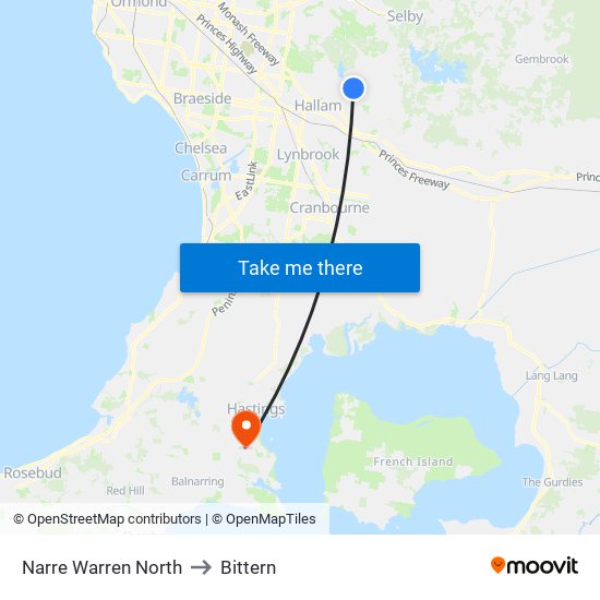 Narre Warren North to Bittern map