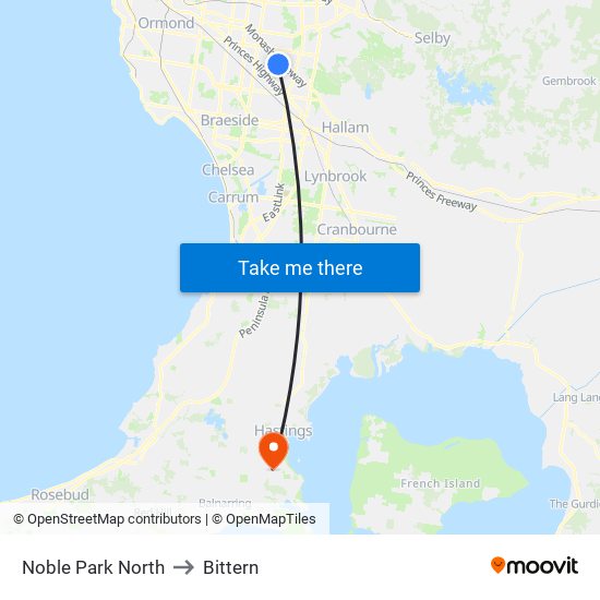 Noble Park North to Bittern map