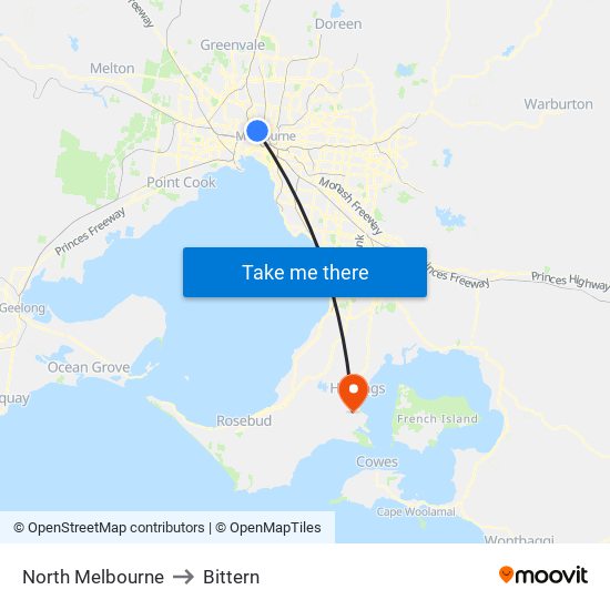 North Melbourne to Bittern map