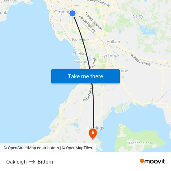 Oakleigh to Bittern map