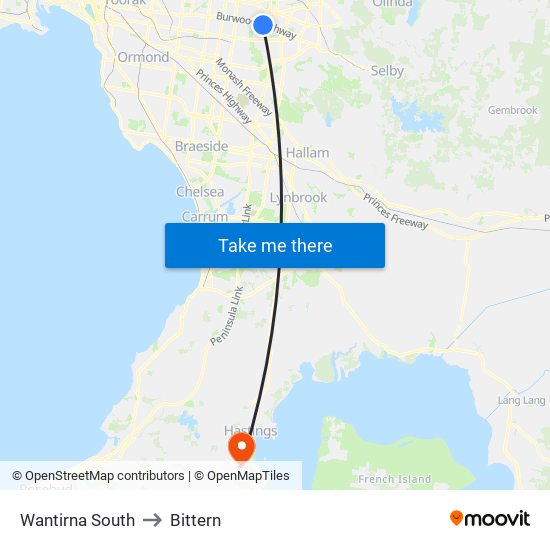 Wantirna South to Bittern map