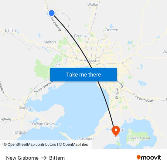 New Gisborne to Bittern map