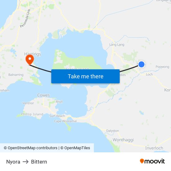 Nyora to Bittern map