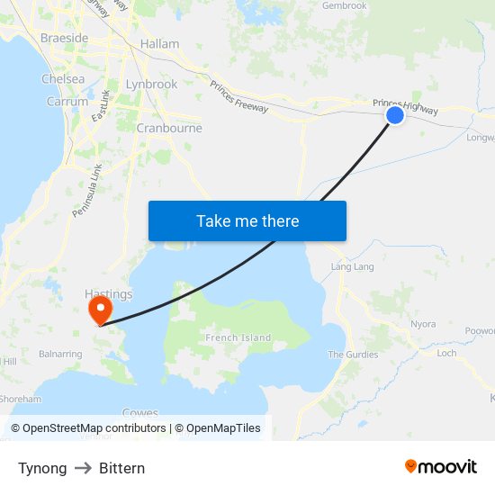 Tynong to Bittern map