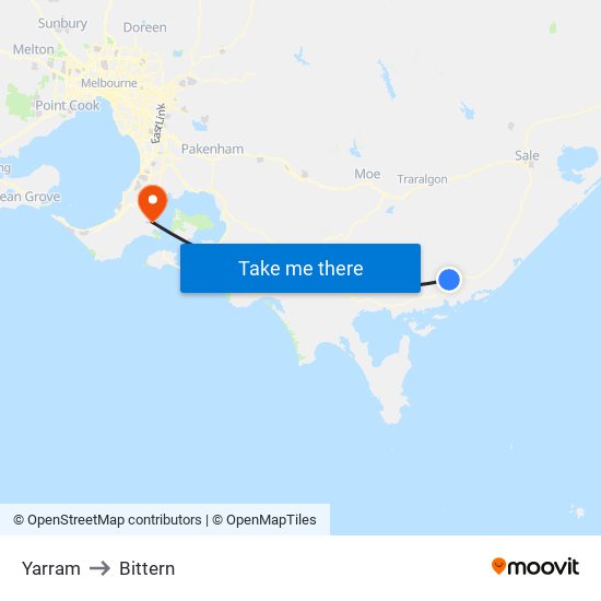Yarram to Bittern map