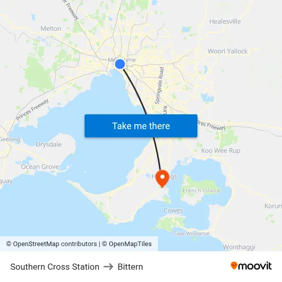 Southern Cross Station to Bittern map