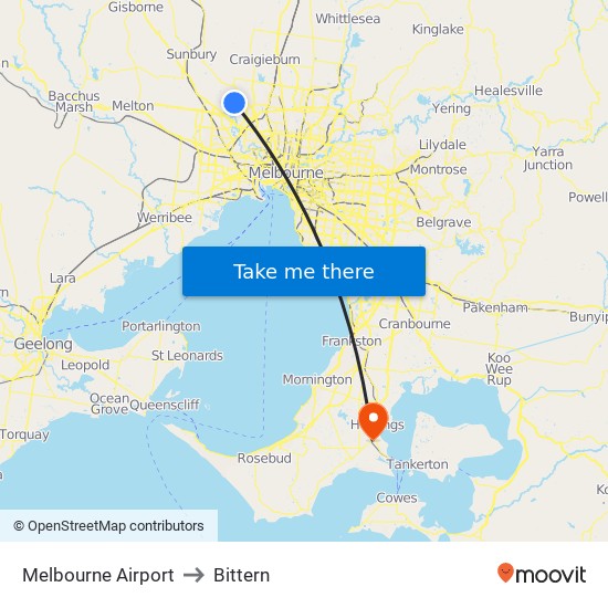 Melbourne Airport to Bittern map