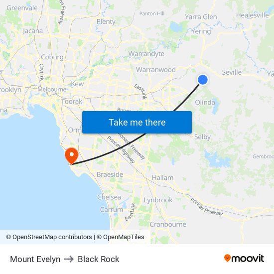 Mount Evelyn to Black Rock map