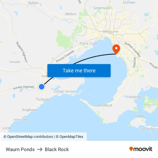 Waurn Ponds to Black Rock map