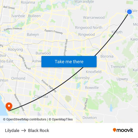 Lilydale to Black Rock map