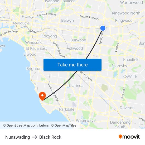 Nunawading to Black Rock map