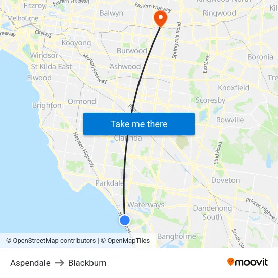 Aspendale to Blackburn map