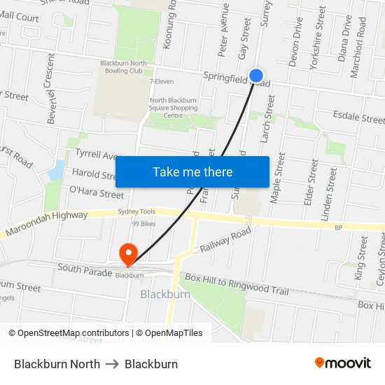 Blackburn North to Blackburn map