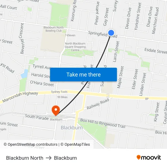 Blackburn North to Blackburn map