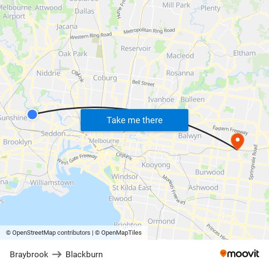 Braybrook to Blackburn map