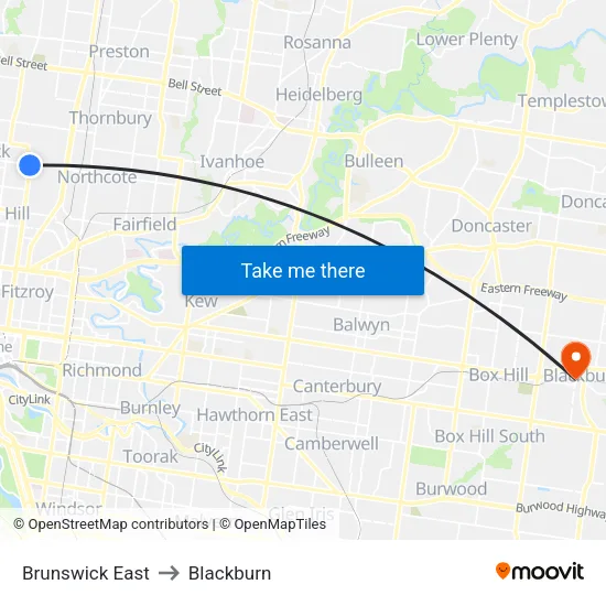 Brunswick East to Blackburn map