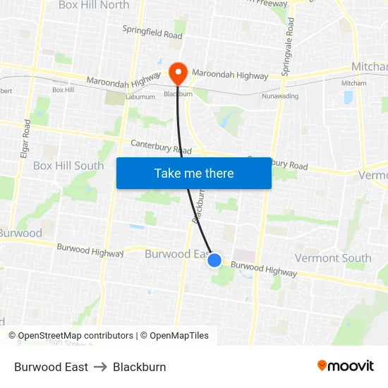 Burwood East to Blackburn map