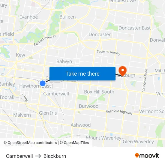 Camberwell to Blackburn map
