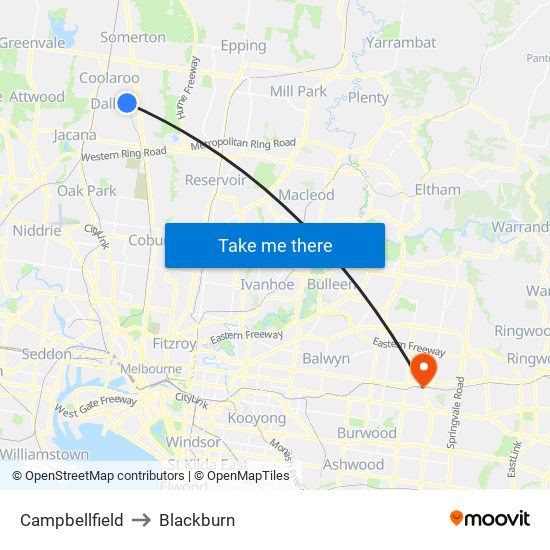 Campbellfield to Blackburn map