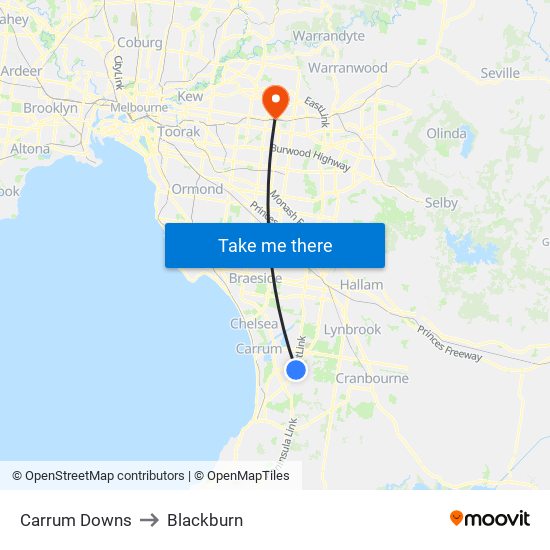 Carrum Downs to Blackburn map